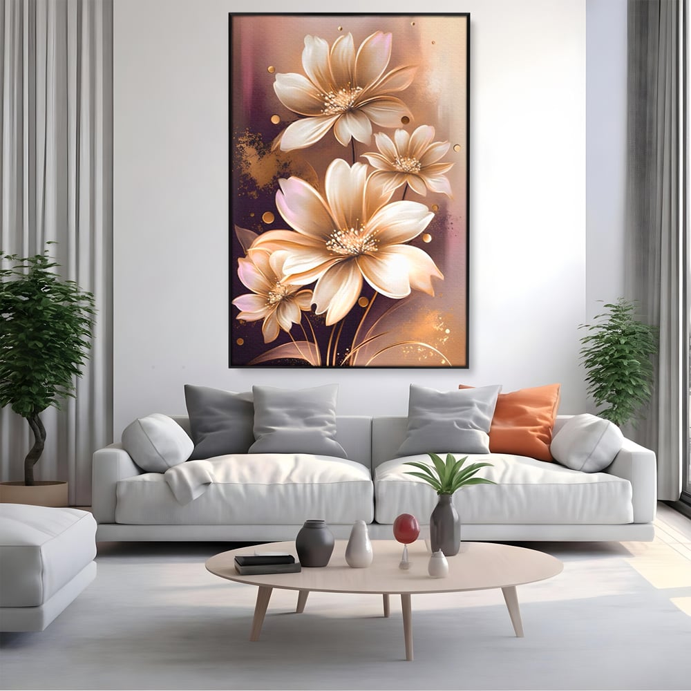 Tablou canvas cu tablou canvas cu flori aurii pe fond maro, in rama de aluminiu negru, pe perete intr-un living